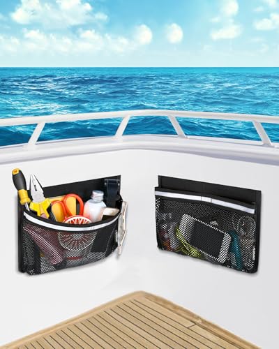 PLOZANO Boat Storage Accessories, 2PCS Closable PVC Reflective Self-Adhesive Universal Boat Caddy Organizer Mesh Bag for Gloves, Tools, Tackle, Gear (10"*7")