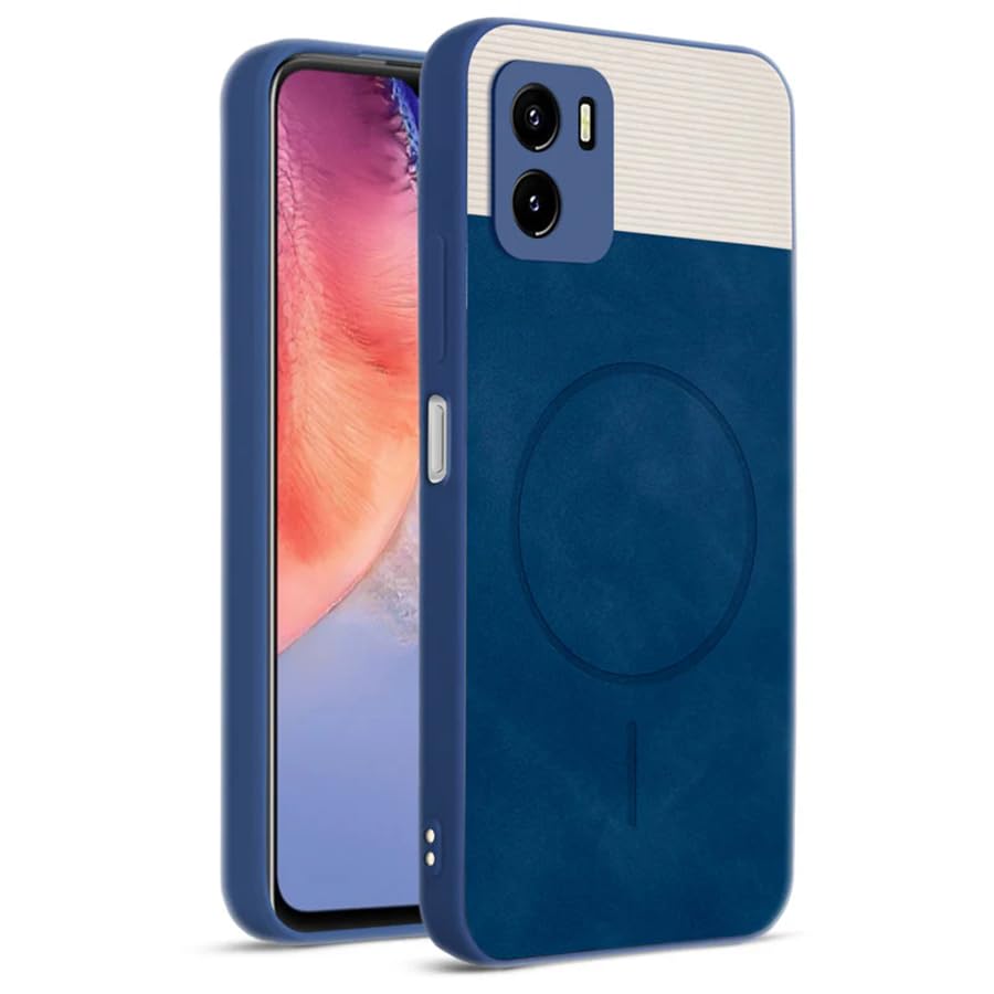 Image of Bintage CASE Mac Safe Design Hard Light Weight Back Case | Soft Border Camera Protect | Dual PU Leather Finish Back Cover Compatible for Vivo Y01 / Y15s / Y15c - White & Blue