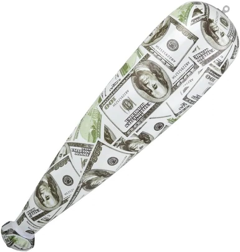 $100 Dollar Bill Money Mini Inflatable Baseball Bat (19") Vinyl. Fun and Safe Inflate Toy.