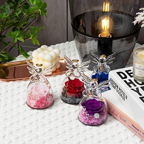 Yamonic Handmade Eternal Rose,Guardian Angel Gifts,Forever Rose in Angel Glass Dome,Angel Figure,Gifts for Mum on Her Birthday, Grandma Gifts, Angel Home Decoration