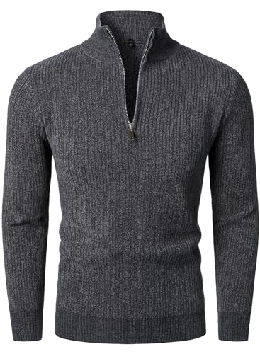 HOOD CREW Men’s 1/4 Zip Jumper Long Sleeve Warm Sweater Soft Cozy Knitwear Pullover Dark Grey