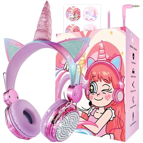 charlxee Kids Unicorns Headphones with Mic for School/Travel,95dB Volume Limited,Shareport,On/Over Ear Wired Headsets with Nylon Cable-Hot Pink Cover