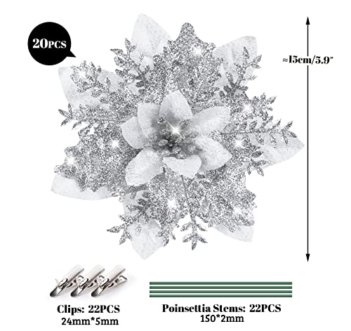 Houísm 20Pcs Christmas Poinsettia Artificial Flowers Decorations, Christmas Tree Wreaths Garland Decoration Glitter Flowers Picks Decor With Stems And Clips For New Year Wedding Party Ornaments White #TOP1