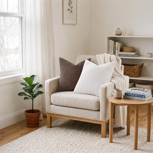 Image of Mecatny Corduroy Decorative Throw Pillow Covers 18x18 Set of 2 for Sofa Living Room, Soft Neutral Boho Couch Pillow Covers for Home Decor, Chocolate
