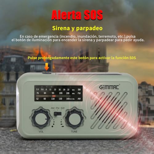 Radio de Emergencia Portátil, FM/Am Emergency Radio con Solar Recargable Radios de Dinamo con Manivela con Linterna LED y Luz de Lectura 2000mAh Powerbank SOS Alarma USB de Camping al Aire Libre - Imagen 7
