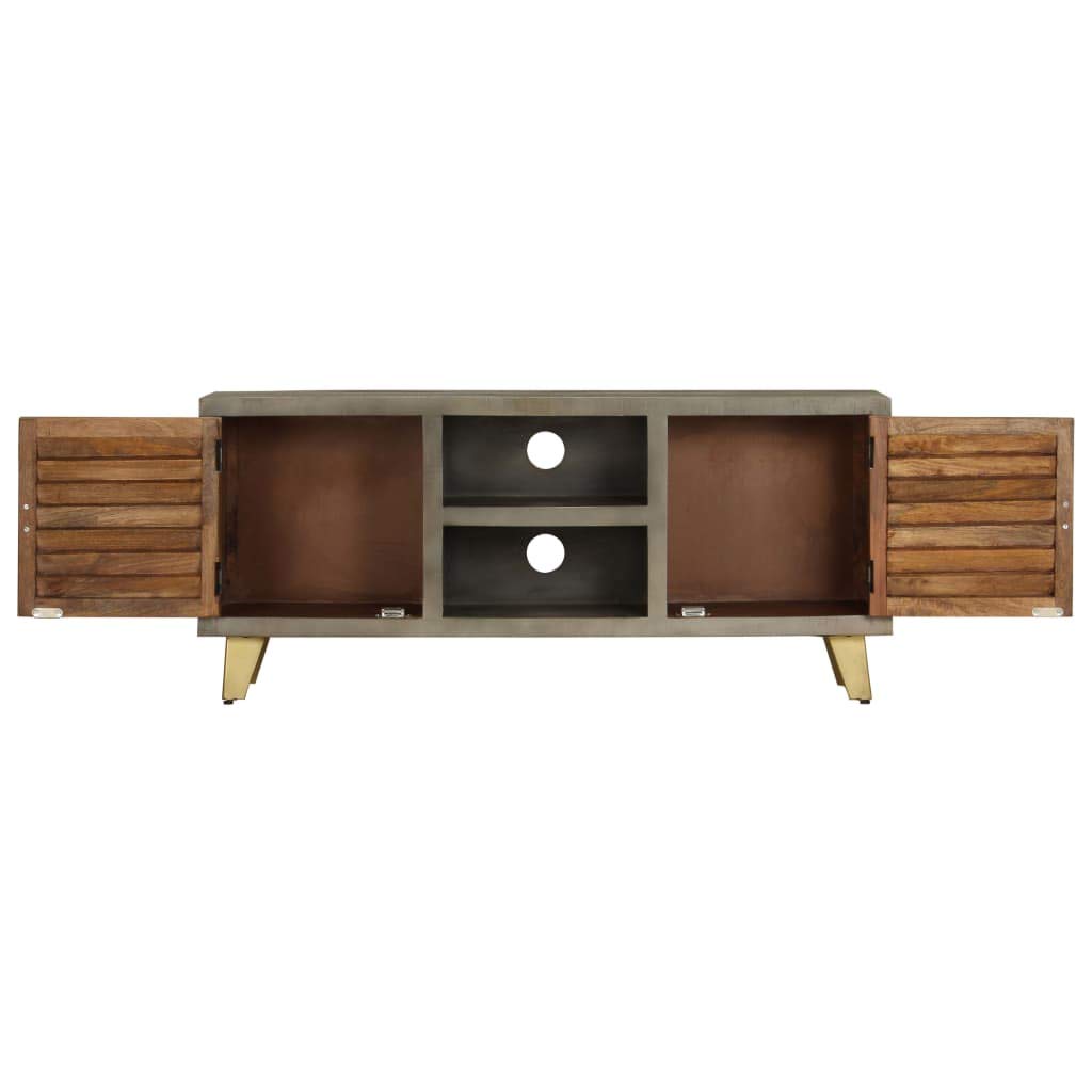 Hothingwell Mobile TV in legno massiccio di mango, 110 x 30 x 48 cm, colore: Grigio | 2 porte, 2 ripiani, gambe in acciaio ottone, archiviazione DVD e console