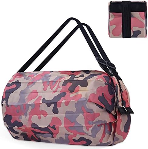 GLUNKS Large Grocery Bags Reusable Shopping Bags Foldable, Travel Tote Bag, Sports Gym Bag, Lightweight Weekender bag, Camouflage Pink