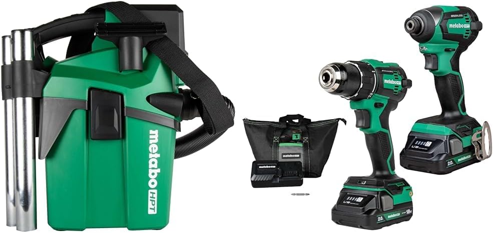 Bundle of Metabo HPT 18V MultiVolt™ 1.6 Gallon Compact Wet/Dry Vacuum | Tool Only - No Battery | RP18DAQ4 + Metabo HPT 18V MultiVolt™ Cordless Driver Drill & Impact Driver Combo Kit | KC18DEXQB