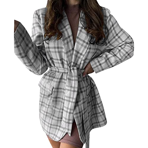 BGKKTLW Blazer casual de manga larga para mujer, para el trabajo, la oficina, con botones frontales abiertos, chaqueta tipo cárdigan retro a cuadros con cinturón, gris, XXL