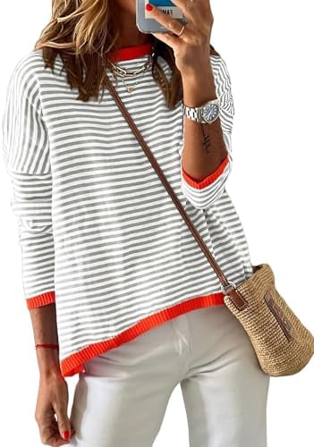 Cuptacc Pullover Damen Elegant Gestreifts Sweatshirt Rundhals Casual | Baumwolle,Rundhals,Gestreifts,Atmungsaktiv,Lässig Bequem,Weich Hautfreundlich,Locker,Alltag