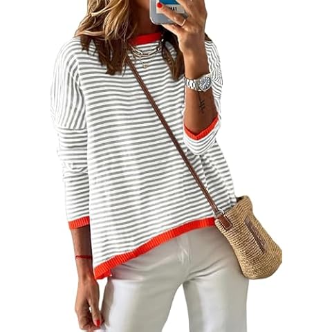 Cuptacc Jumpers for Women UK Round Neck Sweatshirts Womens Striped Top Lovely Ladies Fashion Clothes Gray L 16-18 Cover