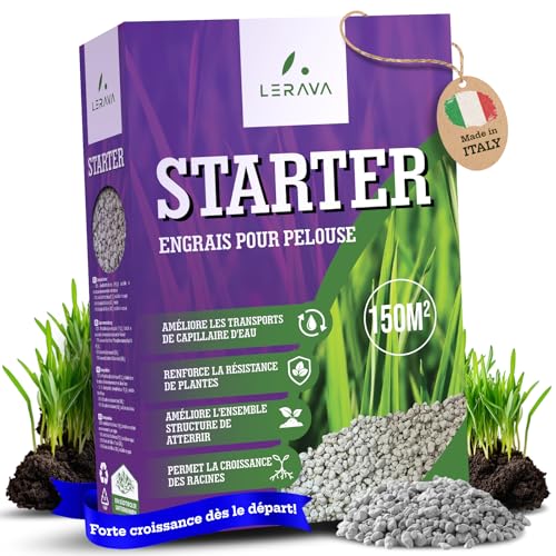 LERAVA STARTER engrais gazon (150 m²) - favorise la croissance des racines - idéal avec semences de gazon - renforce la résistance du gazon - engrais pelouse pour implantation et printemps