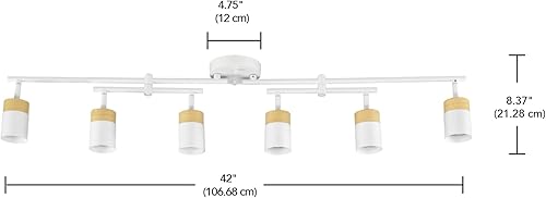 Miniatura 9 de Globe Electric 64000055 - Iluminación de riel de 6 luces de 42", barra central doble giratoria, color blanco mate, acentos en tono madera, luz de