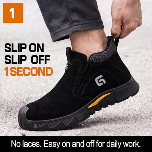 Image of GLANOUDUN Steel Toe Shoes for Men Welding Work - Slip-On, Mid-Top Coverage | ASTM, Anti Impact Toe Cap, Spark resistant, Wear-resistant, Soft sole, Hands Free, Construction, Welding, Workshop, Factory