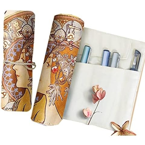 Pen Roll up Case, Canvas Pencils Wrap, Pencil Roll Organizer, Multi-Purpose Retro Pencil Roll Case, for School, Office, Travel, for Adult, Artist, Students, Painter, 1 Piece, Brown Cover