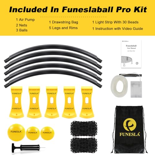 Funeslaball Outdoor Spieleset, Beleuchtetes Roundnet Spieleset Team Games bestehend aus Lichtleiste, Spielnetz & Wettkampfnetz, 3 Bällen, Kordelzug, Ballpumpe, Spiel für Garten, Strand, Park, drinnen