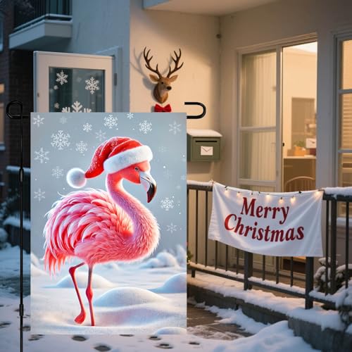 Image of BlissYard Winter Yard Flag Flamingo Red Hat 12x18 Inch Polyester