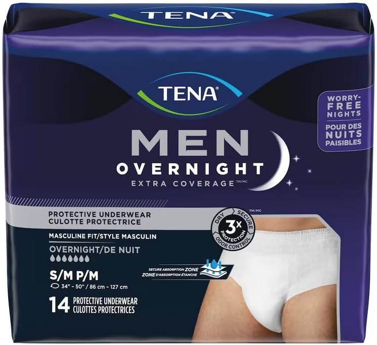TENA Men Incontinence Underwear, Overnight Absorbency, Extra Coverage, Comfortable Fit, Disposable, Small/Medium (S/M), 14 Count