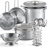 13Pcs Kids Pretend Play Kitchen Accessories Pots and Pans Playset, Stainless Steel Pots and Pans Cooking Utensils in Draining Caddy Kitchen Toy Set Accessories for Kids Toddler Age 3 Years Old