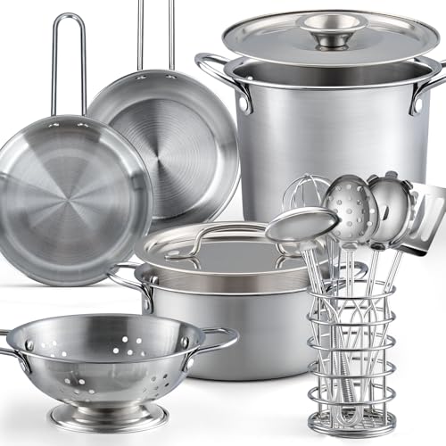 13Pcs Kids Pretend Play Kitchen Accessories Pots and Pans Playset, Stainless Steel Pots and Pans Cooking Utensils in Draining Caddy Kitchen Toy Set Accessories for Kids Toddler Age 3 Years Old