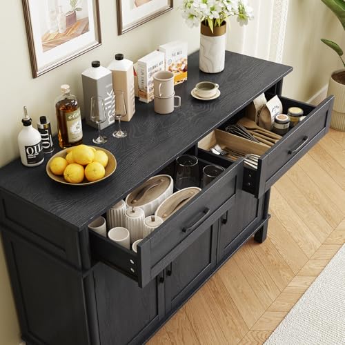 Image of ONBRILL 48 Inches Buffet Cabinet with Storage, Farmhouse Sideboard Buffet w /2 Drawers and 3 Doors, Wood Coffee Bar Cabinet with Adjustable Shelves, Sideboard Storage for Kitchen, Living Room, Black