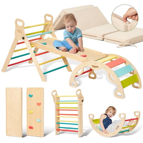 Image of Giant bean Pikler Triangle Set with Cushion, Foldable 7 in 1 Baby Climbing Toys Wooden Montessori Climbing Set with Handle, Sliding Ramp & Arch, Playground Jungle Gym for Kids Age 2-5