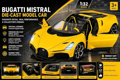 Image of Umadiya Bugatti W16 Mistral Sports Car SUV Car 1:32 Scale Model Exclusive Alloy Metal Pull Back Die-cast Metal Pullback Toy Openable Doors & Light Music Best Gifts Kids【Colors as Per Stock 】