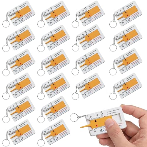 Lot de 20 jauges de profondeur de profil pour pneus, 0 à 20 mm, en plastique, avec porte-clés, design portable, pour voiture, moto, van, camion, caravane