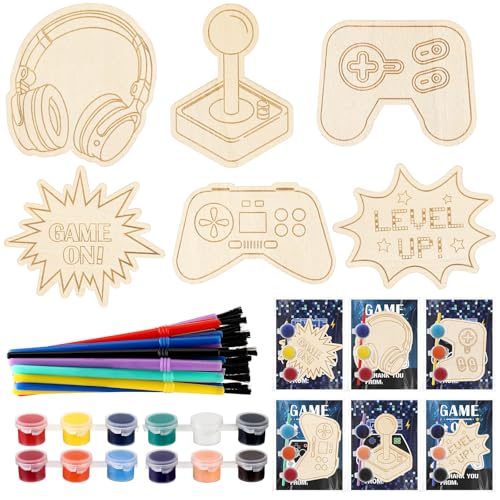 Chunful 24 Sets Video Game Party Favors Video Game Wooden Painting Crafts Kits DIY Gaming Paint Arts and Crafts Gifts for Home Birthday Gaming Theme Party Decoration Craft Project