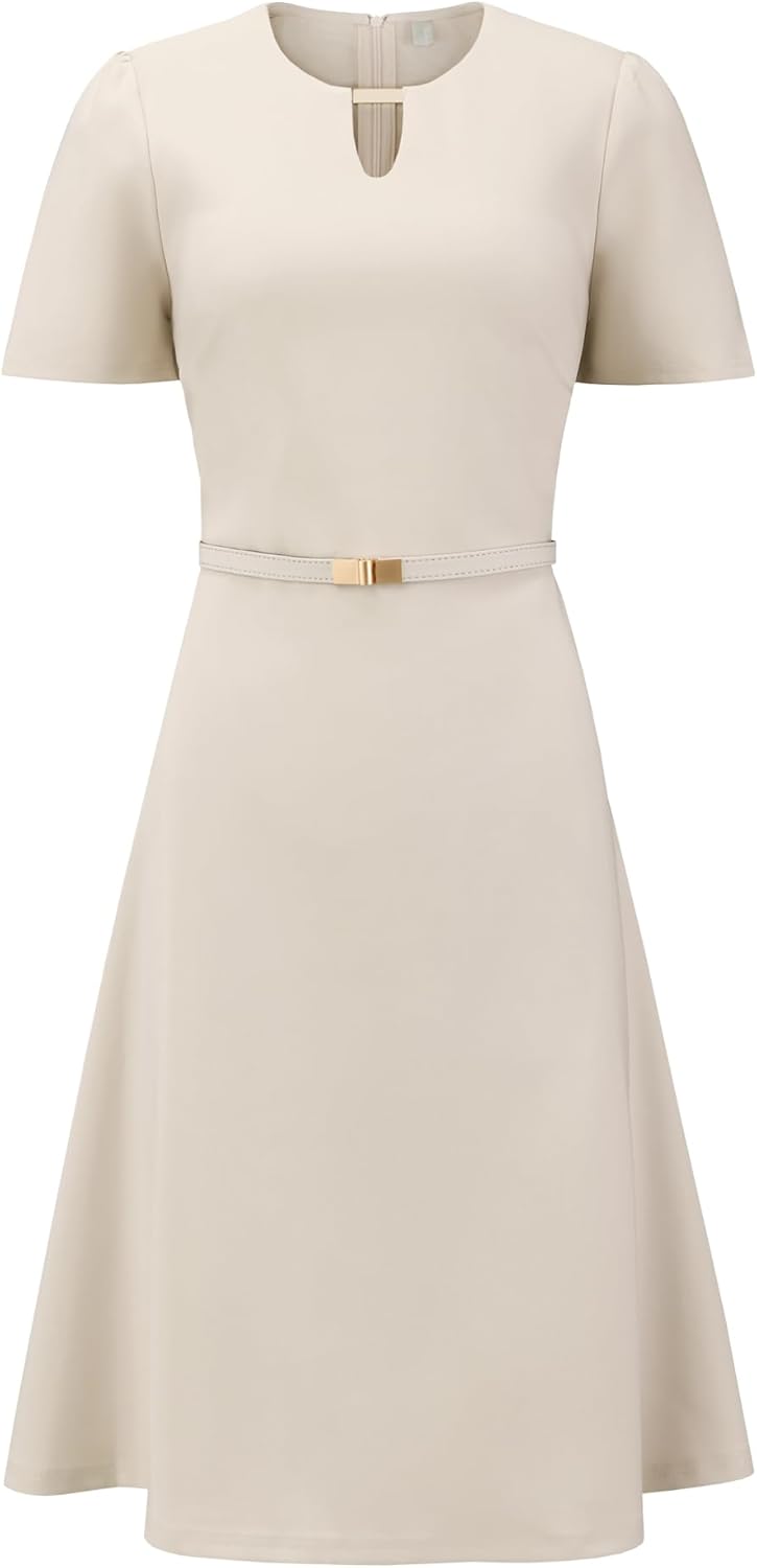 Women's Cocktail A-Line Dress Choker V Neck Short Sleeve Belted Elegant Flare Dresses