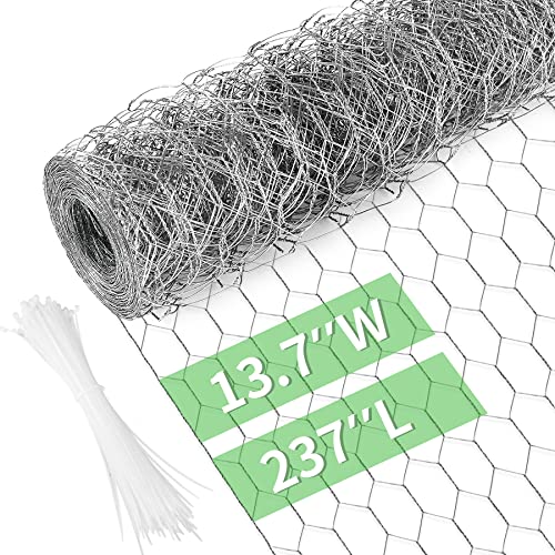 Image of Miuwauer Chicken Wire Chicken Wire 13.7 in x 237 in Poultry Wire Netting Hexagonal Galvanized Mesh Garden Fence Barrier for Pet Rabbit Chicken Fencing with 100 Pcs Cable Zip Ties