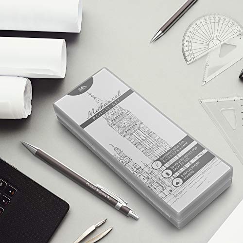 MozArt Supplies Mechanical Pencil Set with Case - 4 Sizes: 0.3, 0.5, 0.7 & 0.9mm with 30 HB Lead Refills Each & 4 Eraser Refills - Sketch, Drafting, Art, Drawing Supplies (Nickel)