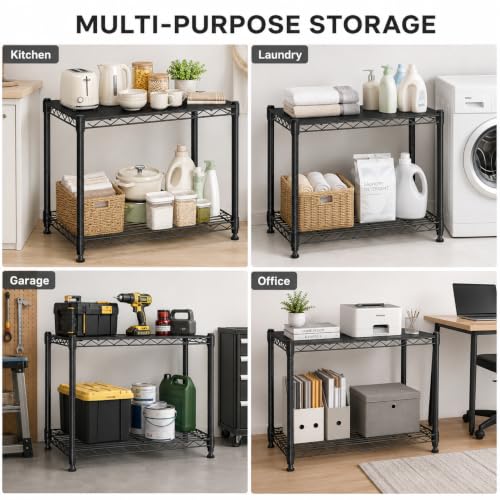 Image of Simple Deluxe 2 Tier Wire Shelving Unit, Heavy Duty Metal Storage Rack with Adjustable Feet, Stackable Tool-Free Utility Shelf for Kitchen, Laundry Room, Garage, Office, Black