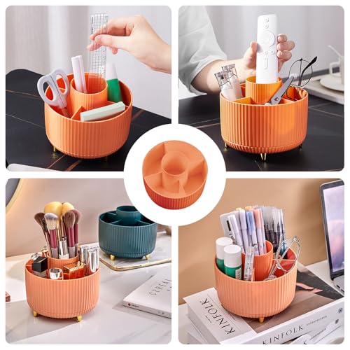 Image of Diesisa 360 Rotating Makeup Brush Organizer With 5 Sections, Spining Countertop Swivel Makeup Brush Holder for Cosmetics, Nail Polish, Art Supply, Bathroom Vanity Desktop Organizer - Orange