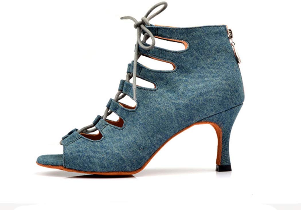 TDA Women's Flared Heel Lace-up & Zipper Blue Denim Fabric Salsa Tango Rumba Samba Latin Modern Dance Bootie 9 M US