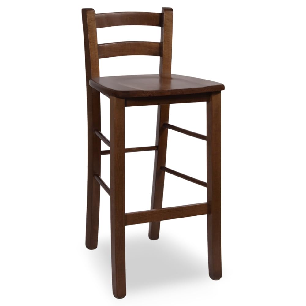 Sgabello Bar Legno Massello con Schienale Noce Scuro h 67 cm, Seduta 39x34 cm, Pub Pizzeria Ristorante Cucina, già Montato, Made in Italy —