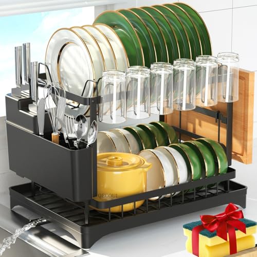QECOUI 2-Tier Dish Drying Rack with Drainboard, Sink & Countertop