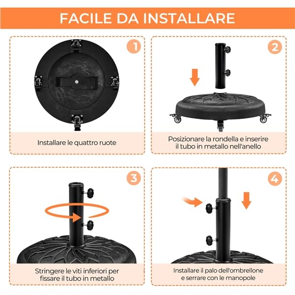 Yaheetech Base per Ombrellone da Giardino 24,7 kg in Resina e Metallo con 4 Ruote e Freni per Pali da Ø34/38/48mm con 2 Manopole Cortile Piscina Esterno Nero