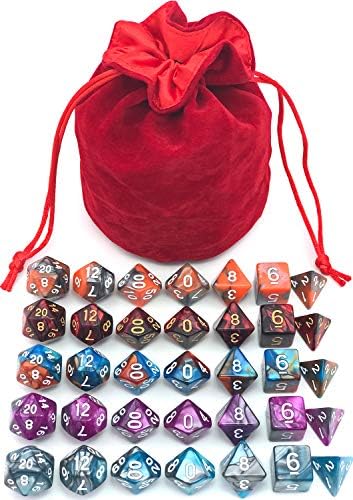 5 Assorted Colors Polyhedral Dice Set for Dungeons and Dragons DND Pathfinder RPG Role Playing Games with Red Drawstring Dice Bag (Total 5 Sets)