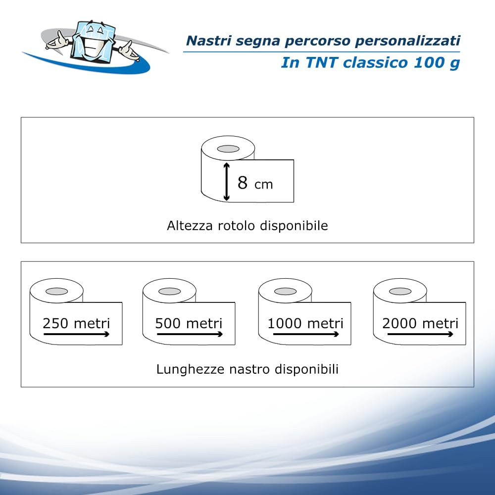 Confezione 4 pz. Nastri Segnaletici in Polietilene o TNT personalizzati - Rotoli 5/8 cm varie lunghezze - Segna percorso per Eventi sportivi, Delimitazione Aree, Cantieri, Sicurezza