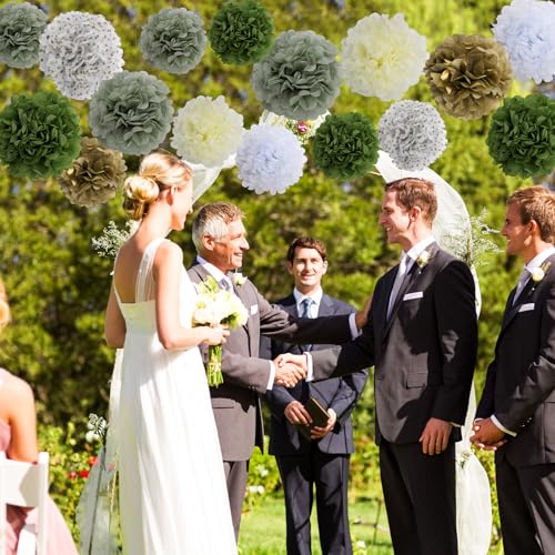 Image of BestoFun 16 PCS Sage Green Party Decorations Tissue Paper Flowers Pom Poms Decorations for Girl Groovy Birthday Baby Shower Wedding Bachelorette Room Wall Hanging Decor