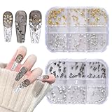 2 Boxes 12 Grids 3D Goth Nail Art Studs, Mini Metal Punk Nail Art Studs, Mixed Metallic Rivet Nails Charms, Tapered Spike Rhinestones for DIY Crafts Manicure Supplies Accessories (Gold Black Silver)