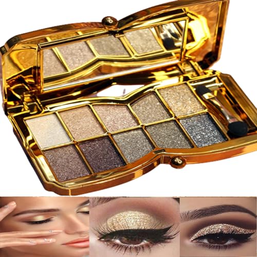 Glitter Eyeshadow Palette,10 Colors Shimmer Eyeshadow Palette Gold Eyeshadow Highly Pigmented Long Lasting Waterproof Sweatproof Eye Shadow Palette Makeup for Women Eye Shadow Palette Makeup