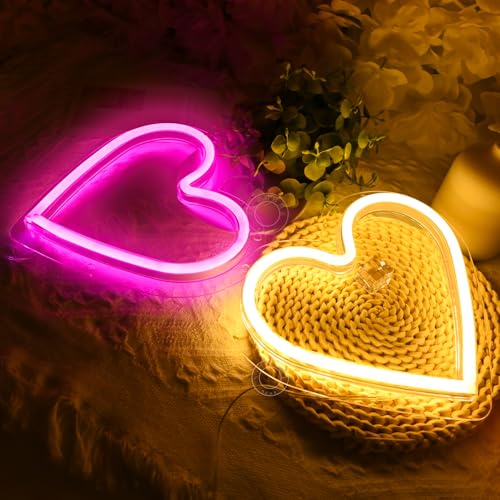 Image of SYLHOME 2 Pack Heart Led Neon Light Sign Battery Operated or USB Powered Bedroom Wedding Wall Sign Decor Christmas Birthday Gifts USB 7.87 inch X 7.28 inch Pink & Warm White