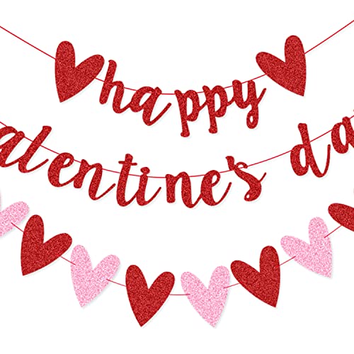 Red Glittery Happy Valentines Day Banner And Red Pink Glittery Heart Garland Banner Valentines Day Decorations No Diy Romantic Paper Garland Banner Valentine Day Bunting Photo Props #TOP2