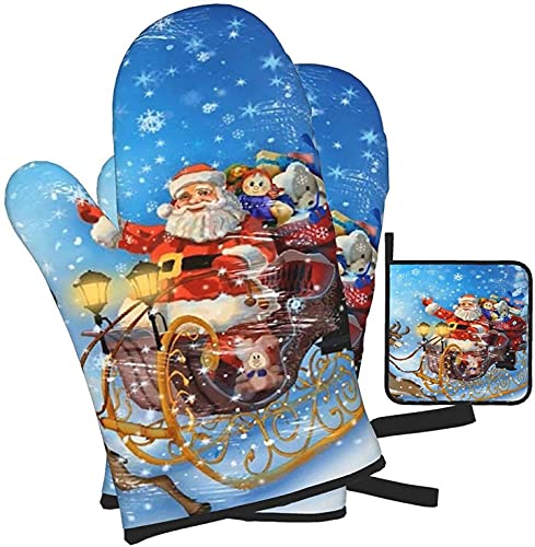 Jkkl Santa Claus Pattern，For Kitchen,Cooking,Baking,Grilling,Bbq.3Pcs Oven Mitts And Pot Holders #TOP1