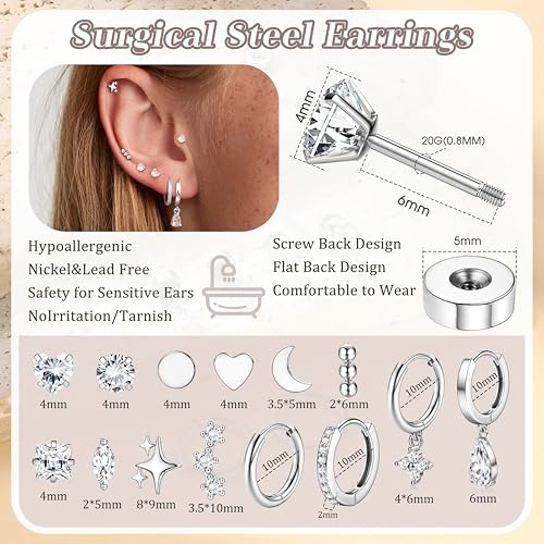 Florideco Premium Hypoallergenic Flat Back Earrings Set for Women - Surgical Steel Stud and Hoop Earrings for Sensitive Ears - Silver Cartilage Earring Collection - Image 6