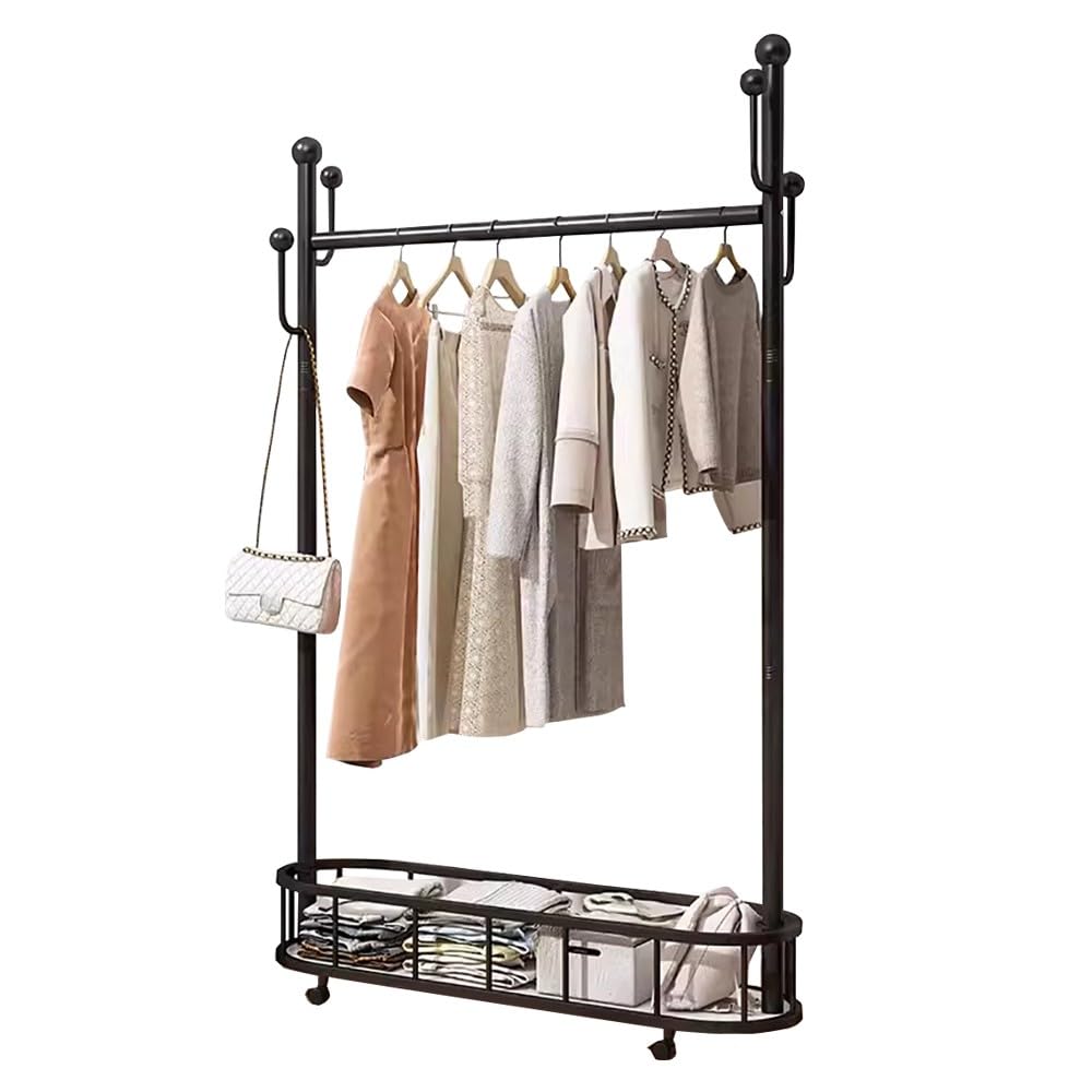 Porte-manteau industriel moderne en métal avec panier et roulettes de 174 cm
