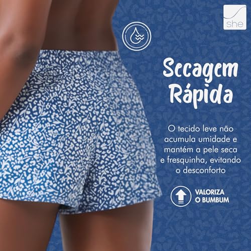 SHE BY MASH Short Praia Feminino Soltinho Florido Secagem Rápida Elastano Flexível, Azul Denim, P