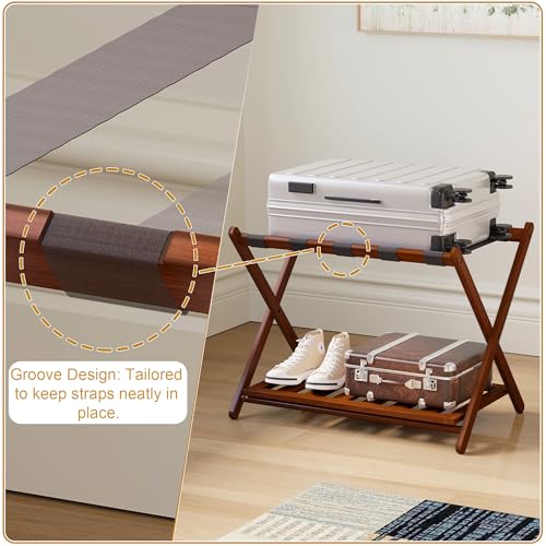 BAMBOOHOMIE Full Assembled 26.77"L Luggage Rack for Guest Room, Set of 2 Folding Suitcase Stand with 5 Nylon Straps, Bamboo Luggage Holder with Shoe Shelf for Suitcases Bedroom Hotel (1 Pack - Brown) by BAMBOOHOMIE - Image 2